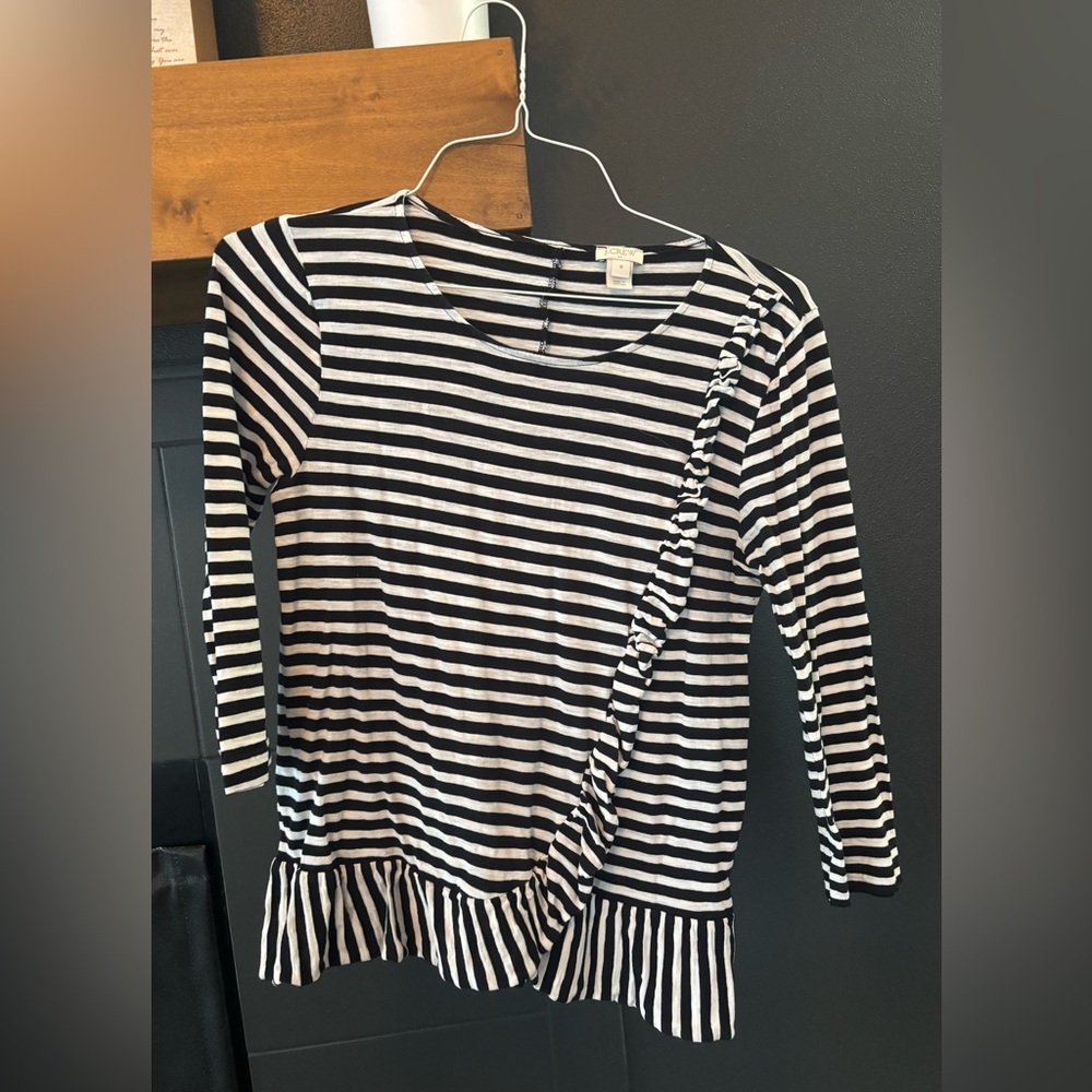 J. Crew Black and White Striped Ruffled Shirt